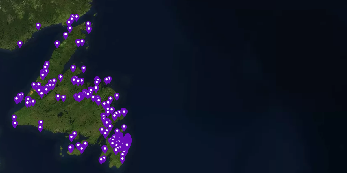 CAN Active Insights map of Newfoundland showing recreation facility locations